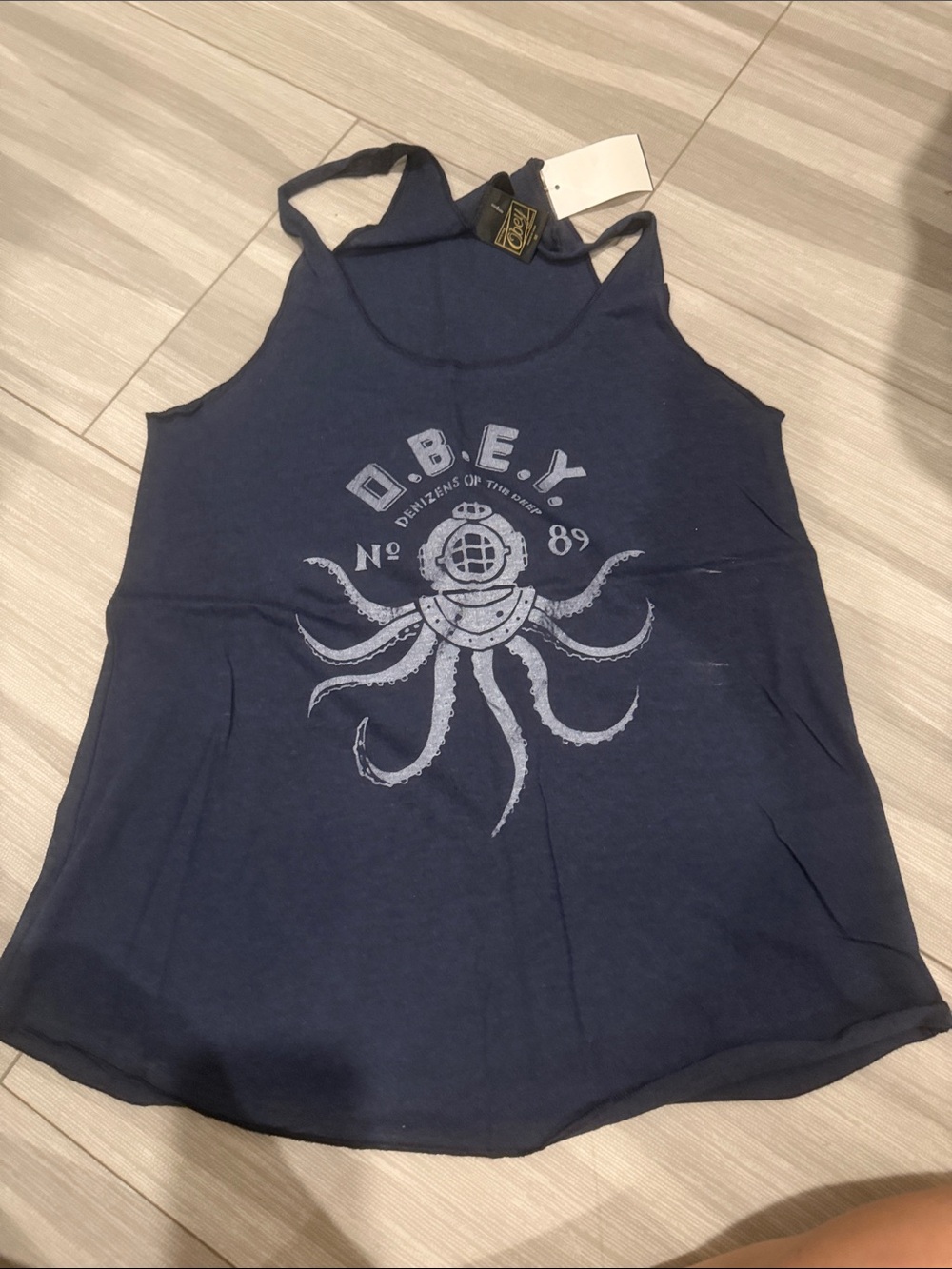 Obey Navy Tank Top with Light Gray Octopus Diver Graphic